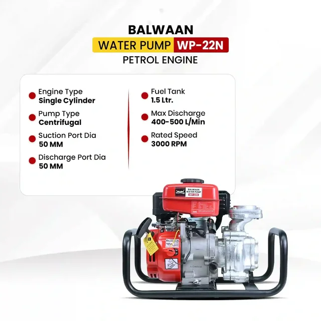 Balwaan Krishi Balwaan WP-22N Premium Monoblock Water Pump 2x2 Inch 87cc 4 Stroke Petrol Engine, Single Cylinder OHV Centrifugal Pumpset - MTAK-EN-WA-6935