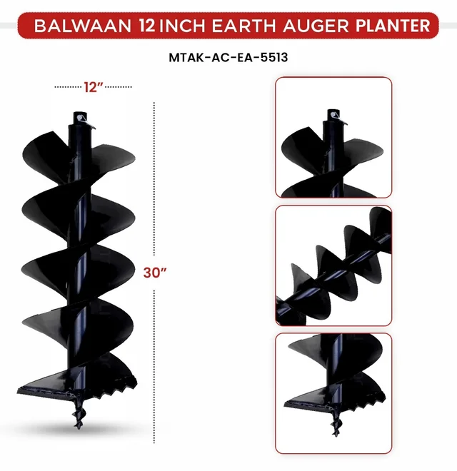 Balwaan Krishi Balwaan PT-12D 12-Inch Double Spiral Earth Auger Planter | Heavy-Duty Double Spiral Auger Drilling Attachment For Soil Digging & Planting | Agricultural & Gardening Auger Accessory For Tree, Sapling & Post Hole Preparation | MTAK-AC-EA-5513