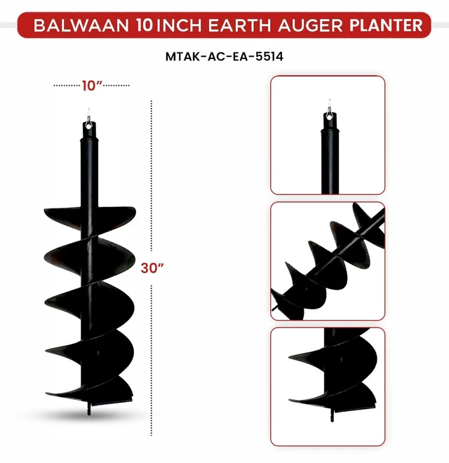 Balwaan Krishi Balwaan PT-10D 10-Inch Double Spiral Earth Auger Planter | Heavy-Duty Double Spiral Auger Drilling Attachment For Soil Digging & Planting | Agricultural & Gardening Auger Accessory For Tree, Sapling & Post Hole Preparation | MTAK-AC-EA-5514