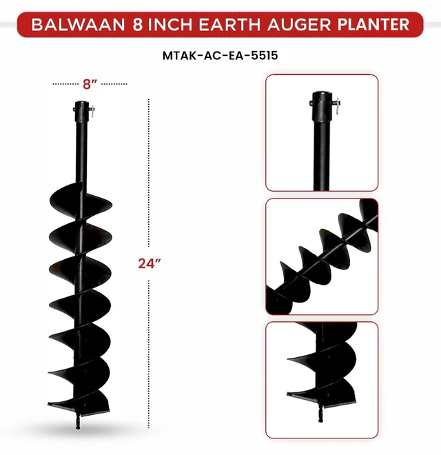 Balwaan Krishi Balwaan PT-8D 8-Inch Double Spiral Earth Auger Planter | Heavy-Duty Double Spiral Auger Drilling Attachment For Soil Digging & Planting | Agricultural & Gardening Auger Accessory For Tree, Sapling & Post Hole Preparation | MTAk-AC-EA-5515