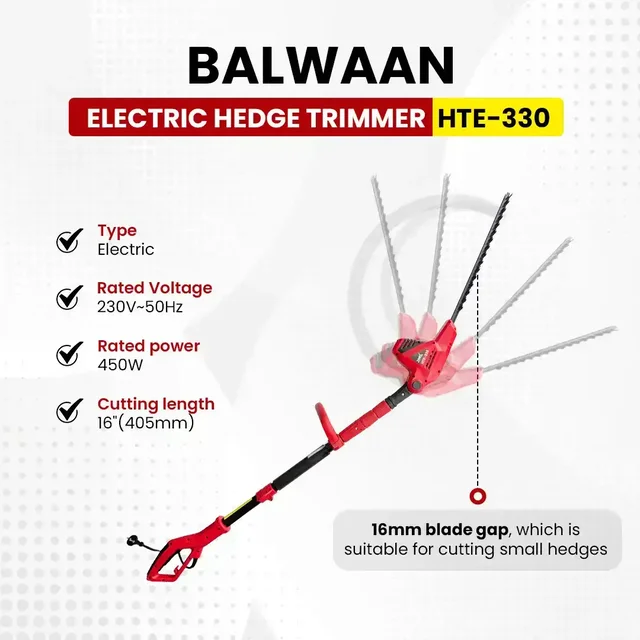 Balwaan Krishi Balwaan HTE-330 Electric Hedge Trimmer 450W Motor, 16 Inch Blade, 3300 RPM with Extendable Rotating Bar for Height Hedging - MTAK-EL-HE-7063