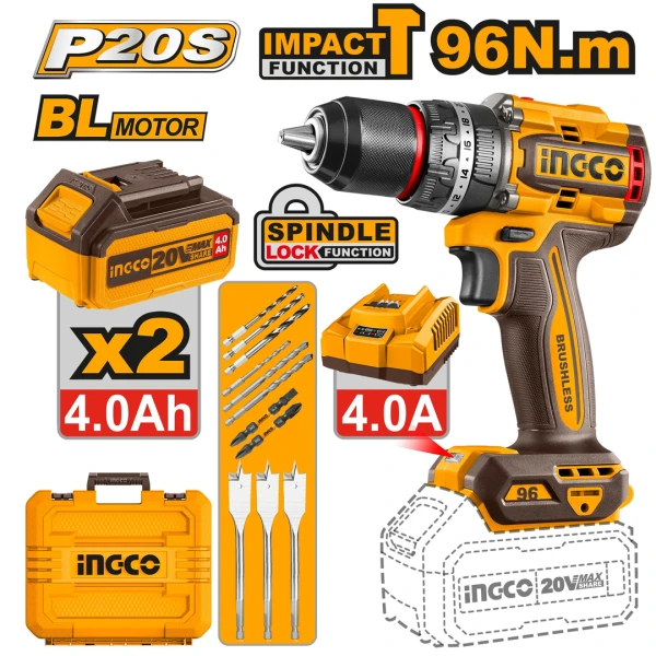 INGCO CIDLI209688 20V Brushless Cordless Impact Drill Driver | 96Nm Max Torque | 31,500 BPM | 2-Speed 0-550/0-2100 RPM | 13mm Jacobs Metal Chuck | LED Work Light