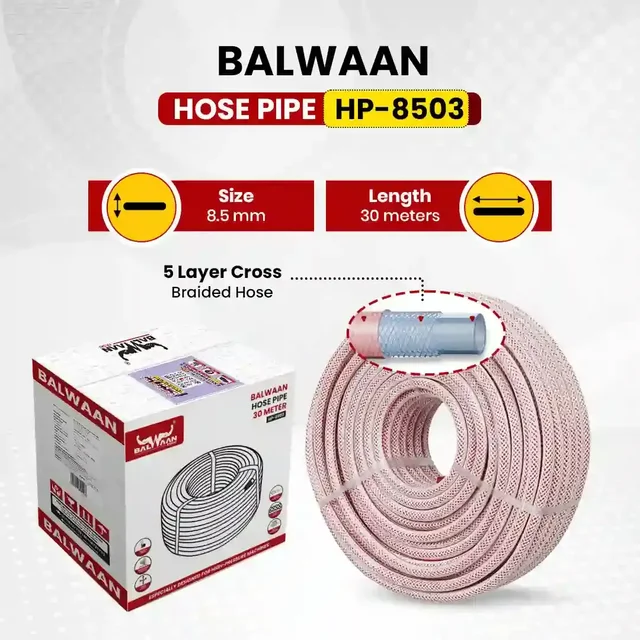 Balwaan Krishi Balwaan HP-8503 8.5Mm 30 Mtr Hose Pipe | 3 Layer Cross Braided 5 Thread Soft High-Pressure Hose For Htp Sprayers & Agricultural Pump Accessories | MTAK-AC-SP-7040