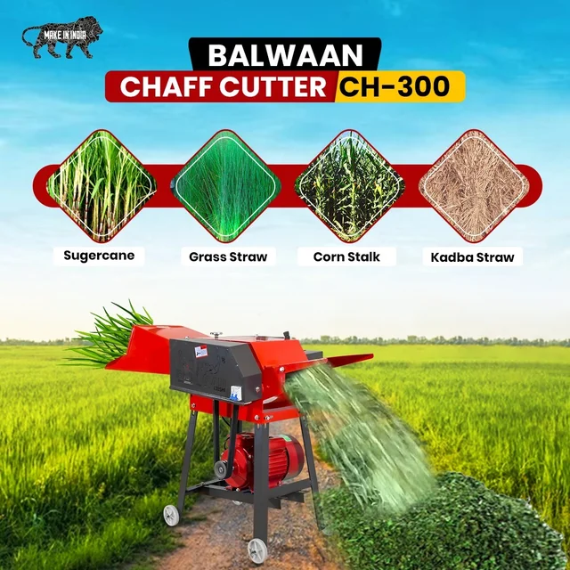 Balwaan Krishi Balwaan Chaff Cutter CH-300 With 3 HP Motor & Gear | Motor Operated Fodder Cutting Machine With 4 Slide Blades & 2-Size Chaff Gears | 2800 Rpm Wet & Dry Fodder Cutter With Forward & Reverse Switch | Dairy & Agriculture Fodder Chopping Machine | Mtak-El-Po-6063/7072