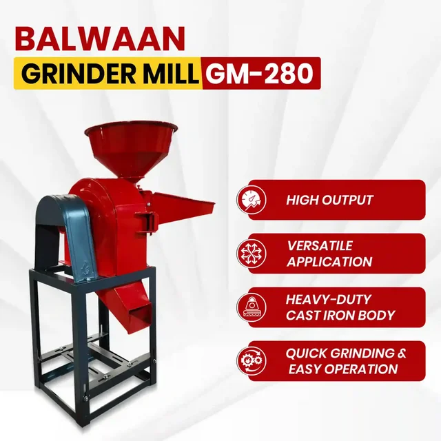 Balwaan Krishi Balwaan GM-280 Iron Grinder Mill With 3 HP Motor | 2800 Rpm Motor Operated Grain & Food Grinder Machine | Copper Winding Motor With Flow Adjuster For Efficient Grinding | Heavy-Duty Multi-Purpose Agricultural Grinder Mill With User Manual | Mtak-El-Po-6930