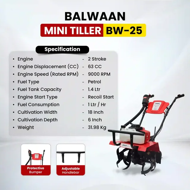 Balwaan Krishi Balwaan BW-25 Mini Tiller 63cc 2-Stroke Petrol Power Weeder | Garden Cultivator with 16 Blades & Tool Kit| MTAK-EN-PO-980