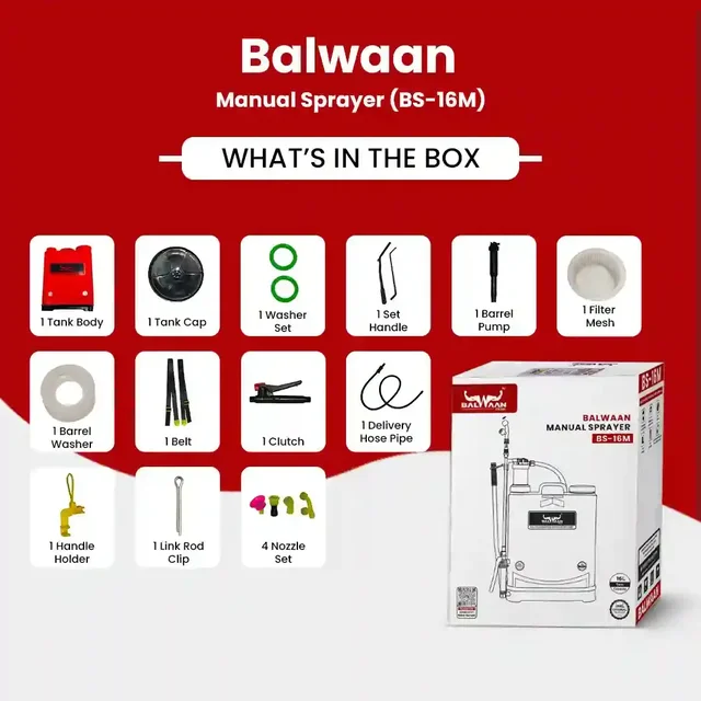 Balwaan Krishi Balwaan BS-16M Manual Sprayer with 3 Nozzles, Delivery Pipe, Extendable Lance & User Manual - MTAK-MA-SP-5675