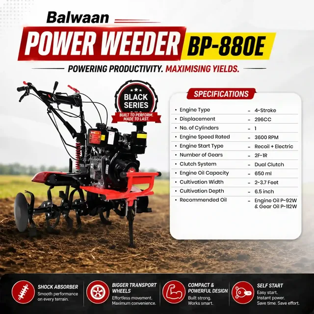 Balwaan Krishi Balwaan BP-880E 7.5HP 4-Stroke Diesel Power Weeder & Tiller | Self-Start (SENS Battery), Mat Shocker, Bigger Gear Box & 32 Blades| MTAK-EN-PO-7055