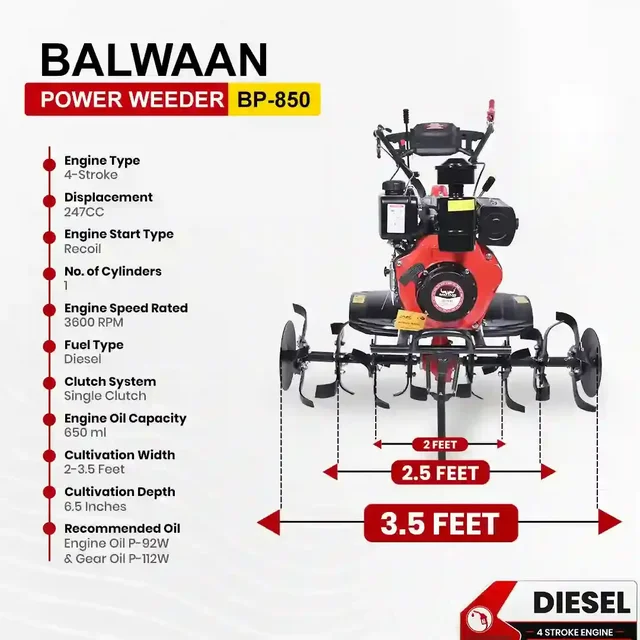 Balwaan Krishi Balwaan BP-850 5.5HP 4-Stroke Diesel Power Weeder & Tiller | Heavy-Duty Agricultural Cultivator with 32 Blades & Disc| MTAK-EN-PO-6006