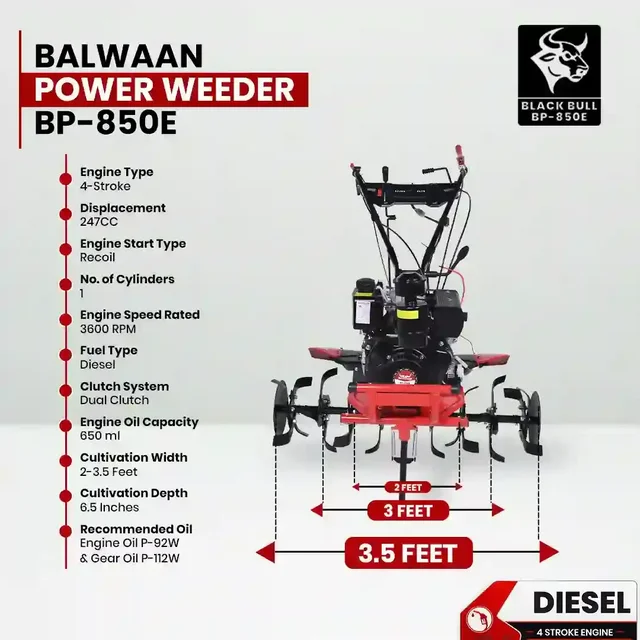 Balwaan Krishi Balwaan BP-850E Black Bull 5.5HP 4-Stroke Diesel Power Weeder & Tiller | Self-Start (SENS Battery), Mat Shocker & 32 Blades| MTAK-EN-PO-6007