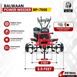 Balwaan Krishi Balwaan BP-750E Black Cheetah 7HP 4-Stroke Petrol Power Weeder & Tiller | Self-Start (SENST Battery), Mat Shocker & 32 Blades | MTAK-EN-PO-6005
