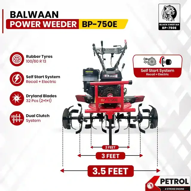 Balwaan Krishi Balwaan BP-750E Black Cheetah 7HP 4-Stroke Petrol Power Weeder & Tiller | Self-Start (SENST Battery), Mat Shocker & 32 Blades | MTAK-EN-PO-6005