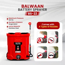 Balwaan Krishi Balwaan BS-22 Battery Sprayer 20 Litre with 12x12 Battery, 4 Nozzles, 1+1 Extendable Lance, Premium Shoulder Belt, Backrest Support & Delivery Pipe - MTAK-BA-SP-721