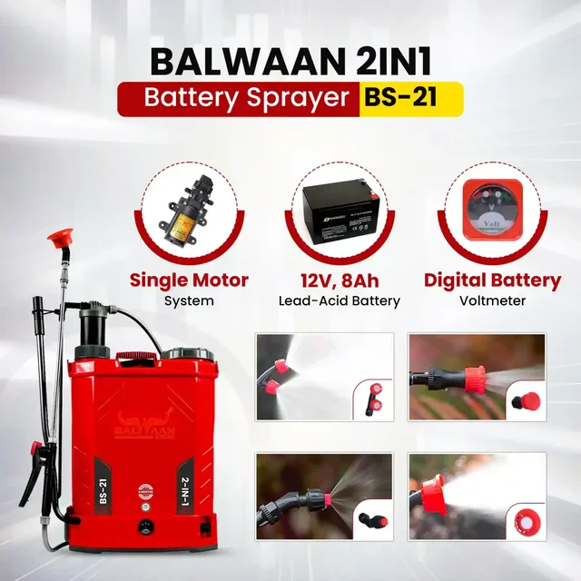 Balwaan Krishi Balwaan BS-21 2-in-1 Battery Sprayer 18 Litre with 12x8 2-in-1 Battery, 4 Nozzles, 1+1 Extendable Lance, Premium Shoulder Belt, Backrest Support & Delivery Pipe - MTAK-BA-SP-724