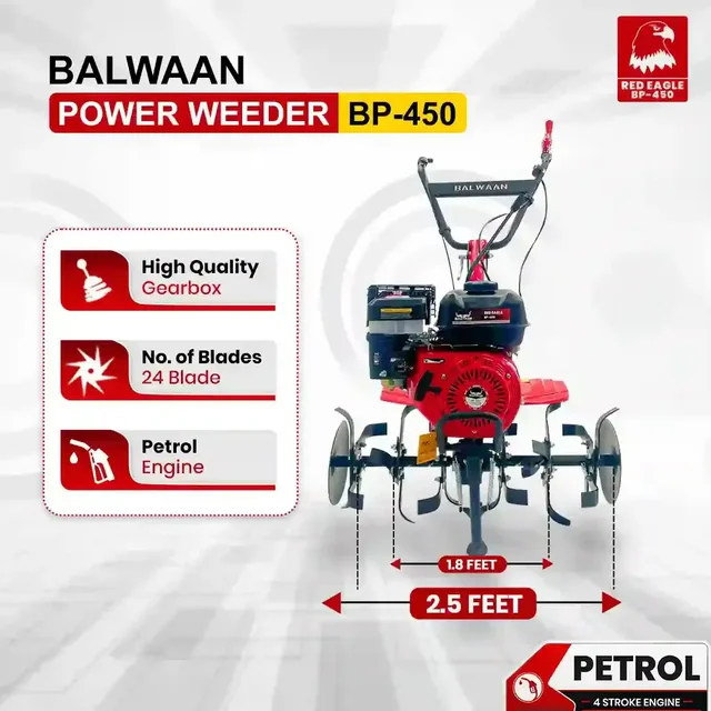 Balwaan Krishi Balwaan BP-450 Red Eagle 6.5HP 4-Stroke Petrol Power Weeder & Tiller | Lightweight Cultivator with 24 Blades, Disc & Tool Kit| MTAK-EN-PO-6004