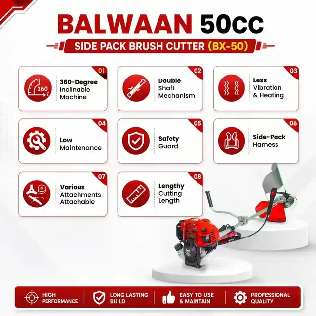 Balwaan Krishi Balwaan BX-50 Pro 50cc 4-Stroke Petrol Side Pack Brush Cutter | Double Shaft Lawn Mower with 3T, 80T Blades & Jacket Belt | MTAK-EN-BR-5387