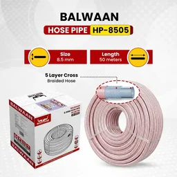 Balwaan Krishi Balwaan HP-8505 8.5Mm 50 Mtr Hose Pipe | 3 Layer Cross Braided 5 Thread Soft High-Pressure Hose For Htp Sprayers & Agricultural Pump Accessories | MTAK-AC-SP-7041