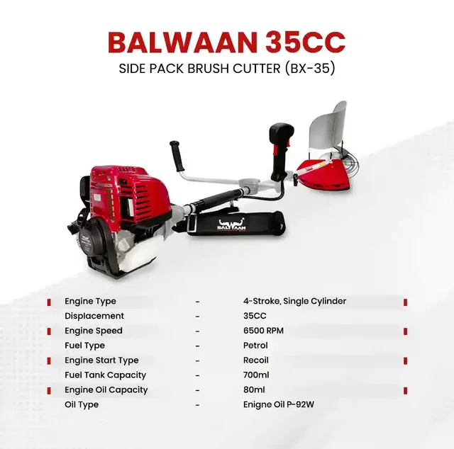 Balwaan Krishi Balwaan BX-35 Pro Side Pack Brush Cutter 35cc 4 Stroke Petrol Engine with 3T & 80T Blades, Trimmer Head, Nylon Rope, Double Shaft, Jacket Belt & Tool Kit - MTAK-EN-BR-6033