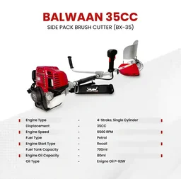 Balwaan Krishi Balwaan BX-35 Pro Side Pack Brush Cutter 35cc 4 Stroke Petrol Engine with 3T & 80T Blades, Trimmer Head, Nylon Rope, Double Shaft, Jacket Belt & Tool Kit - MTAK-EN-BR-6033