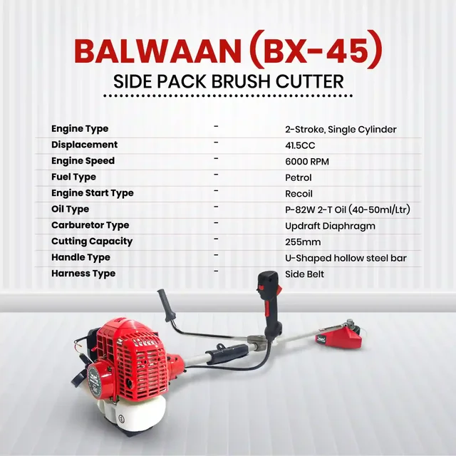 Balwaan Krishi Balwaan BX-45 Professional Side Pack Brush Cutter 41.5cc 2 Stroke Petrol Engine with 2T Blade, Trimmer Head, Single Shaft, Jacket Belt, Heavy Gear Head & Tool Kit - MTAK-EN-BR-6029