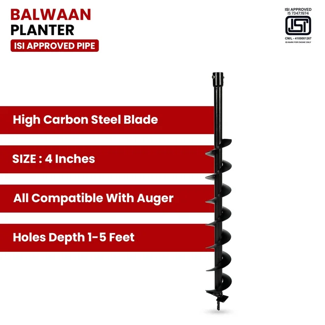 Balwaan Krishi Balwaan PT-4 4-Inch Single Spiral Earth Auger Planter | Heavy-Duty Earth Auger Drilling Attachment For Soil Digging & Planting | Agricultural & Gardening Auger Accessory For Sapling, Seedling & Small Post Hole Preparation | MTAK-AC-EA-5501