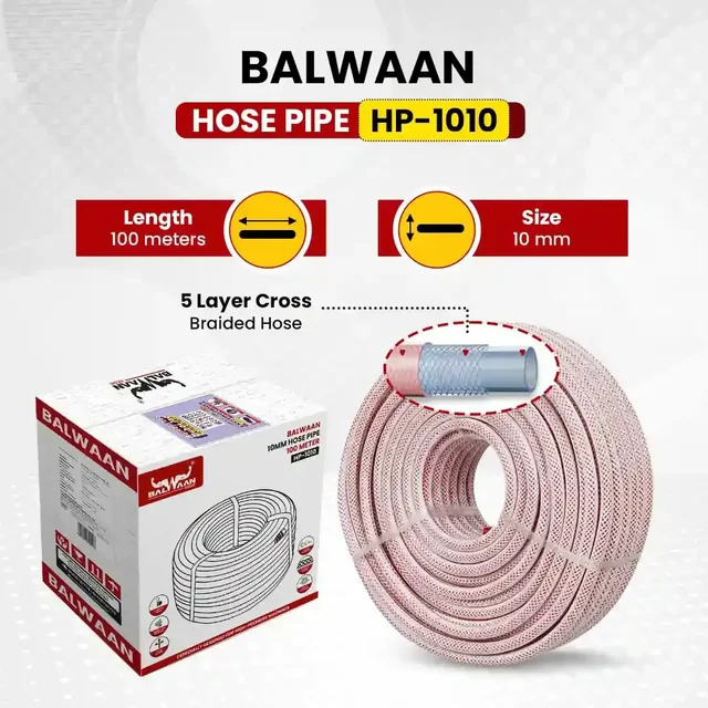 Balwaan Krishi Balwaan HP-1010 10Mm 100 MTR Hose Pipe | 3 Layer Cross Braided 5 Thread Soft High-Pressure Hose For Htp Sprayers & Agricultural Pump Accessories | MTAK-AC-SP-7044