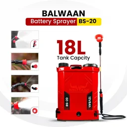 Balwaan Krishi Balwaan BS-20 Battery Sprayer 18 Litre with 12x8 Battery, 4 Nozzles, 1+1 Extendable Lance, Premium Shoulder Belt, Backrest Support & Delivery Pipe - MTAK-BA-SP-723