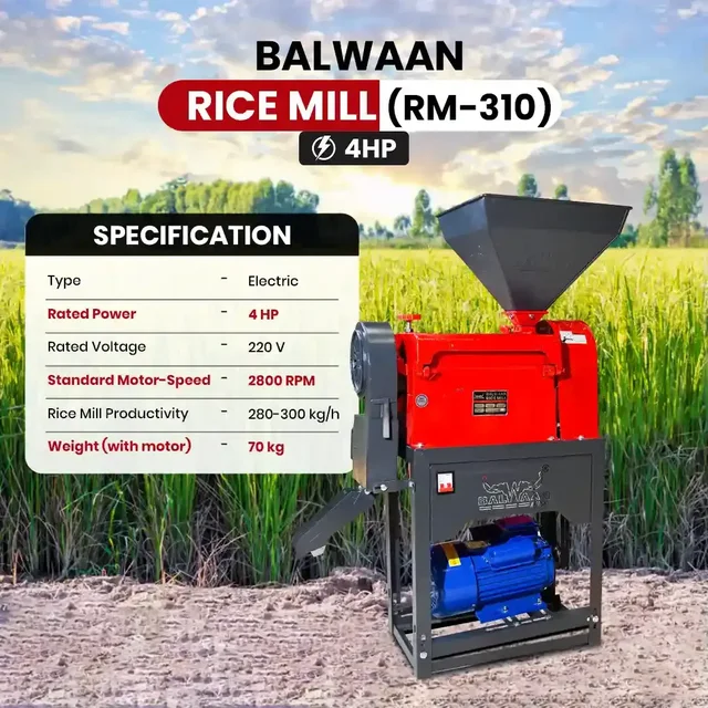 Balwaan Krishi Balwaan RM -310 Rice Mill Ci Model With 4 Hp Motor | 2800 Rpm Motor Operated Rice Huller & Paddy Milling Machine | Copper Winding Motor With Trip Switch For Efficient Rice Processing | Agricultural Rice Mill With User Manual | Mtak-El-Po-6192