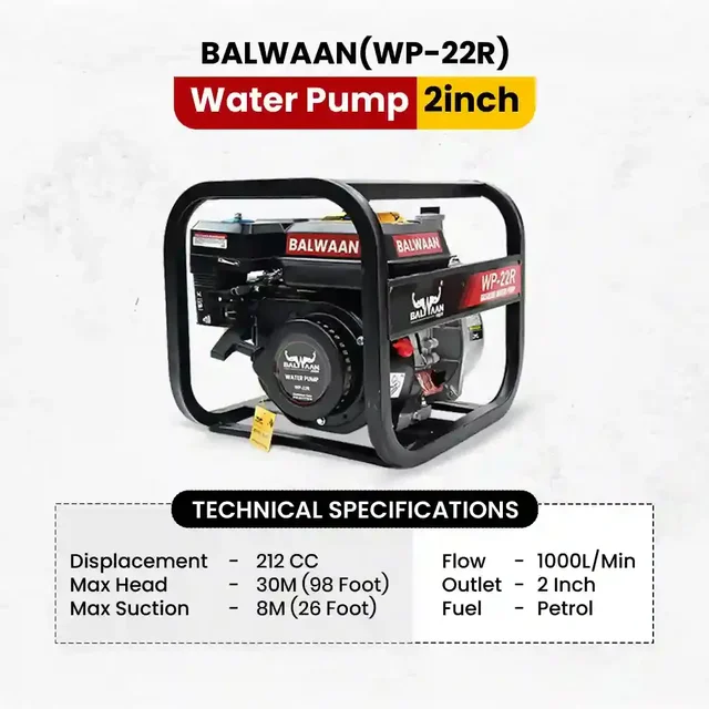 Balwaan Krishi Balwaan WP-22R Premium Water Pump 2x2 Inch 4 Stroke Petrol Engine with Oil Alert, Square Frame, Tool Kit & User Manual - MTAK-EN-WA-4972