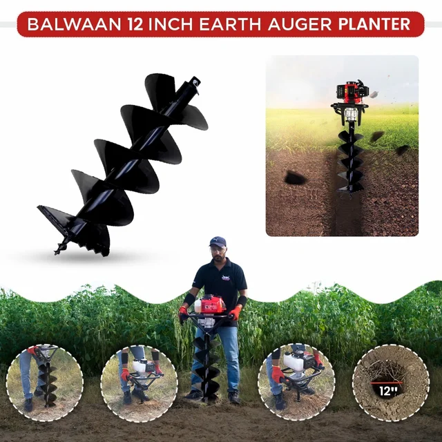 Balwaan Krishi Balwaan PT-12D 12-Inch Double Spiral Earth Auger Planter | Heavy-Duty Double Spiral Auger Drilling Attachment For Soil Digging & Planting | Agricultural & Gardening Auger Accessory For Tree, Sapling & Post Hole Preparation | MTAK-AC-EA-5513