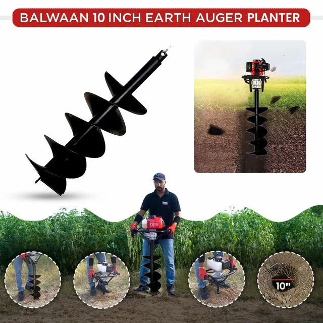 Balwaan Krishi Balwaan PT-10D 10-Inch Double Spiral Earth Auger Planter | Heavy-Duty Double Spiral Auger Drilling Attachment For Soil Digging & Planting | Agricultural & Gardening Auger Accessory For Tree, Sapling & Post Hole Preparation | MTAK-AC-EA-5514