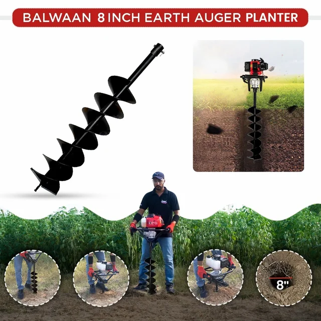 Balwaan Krishi Balwaan PT-8D 8-Inch Double Spiral Earth Auger Planter | Heavy-Duty Double Spiral Auger Drilling Attachment For Soil Digging & Planting | Agricultural & Gardening Auger Accessory For Tree, Sapling & Post Hole Preparation | MTAk-AC-EA-5515