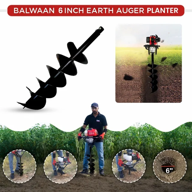 Balwaan Krishi Balwaan PT-6D 6-Inch Double Spiral Earth Auger Planter | Heavy-Duty Double Spiral Auger Drilling Attachment For Soil Digging & Planting | Agricultural & Gardening Auger Accessory For Tree, Sapling & Post Hole Preparation | MTAK-AC-EA-5516