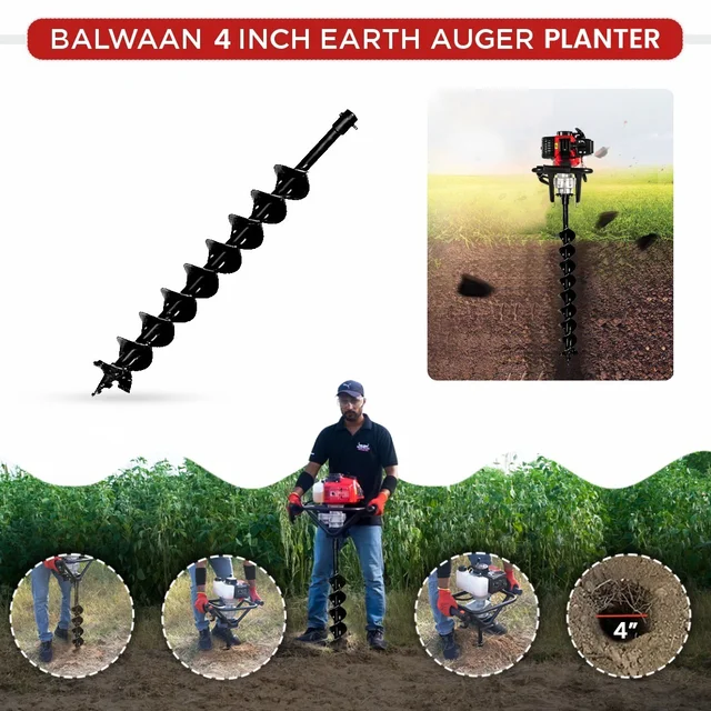 Balwaan Krishi Balwaan PT-4D 4-Inch Double Spiral Earth Auger Planter | Heavy-Duty Double Spiral Auger Drilling Attachment For Soil Digging & Planting | Agricultural & Gardening Auger Accessory For Tree, Sapling & Post Hole Preparation | Mtak-Ac-Ea-5517