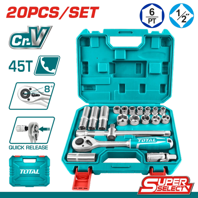 Total Tools TOTAL TOOLS 20-Piece 1/2" Socket Set (45T Ratchet Handle, 12 Sockets 10-24mm, 16mm Spark Plug Socket, Universal Joint, 10" Extension Bar, Three-Way Joint, and 3 Deep Hex Sockets 13, 17, 19mm) in Heat-Treated Cr-V (50BV30) Steel with BMC Packaging - THT121201