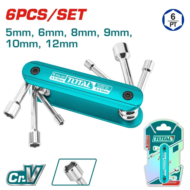 Total Tools TOTAL TOOLS 6-Piece Folding Nut Driver Set (5, 6, 8, 9, 10, 12mm) with Heat-Treated Cr-V and Aluminum Construction - THFND061