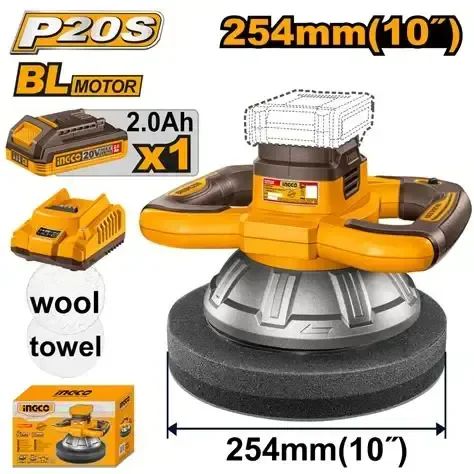 INGCO COPLI2025481 20V Cordless Car Polisher | 2500 RPM | 254mm Polishing Disc | 5mm Eccentric Distance | 2.0Ah Battery & Charger | Wool & Towel Bonnets