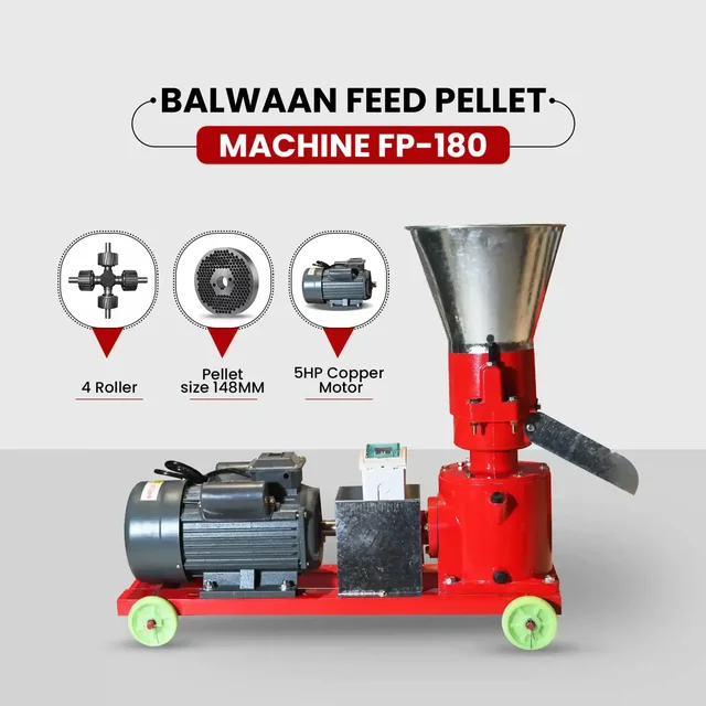 Balwaan Krishi Balwaan FP-180 Feed Pellet Machine With 5 HP Motor | 2800 Rpm Motor Operated Animal Feed Pellet Making Machine | Copper Winding Motor For Efficient Cattle, Poultry & Livestock Feed Pellet Production | Dairy & Agricultural Feed Pelletizer | Mtak-El-Po-6073