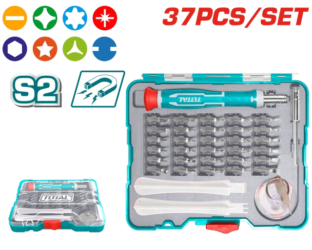 Total Tools TOTAL TOOLS 37-Piece Precision Screwdriver Set with Handle, Bits Holder, Sucker, Pry Bars, and 30 Bits in Plastic Box � TACSD30376