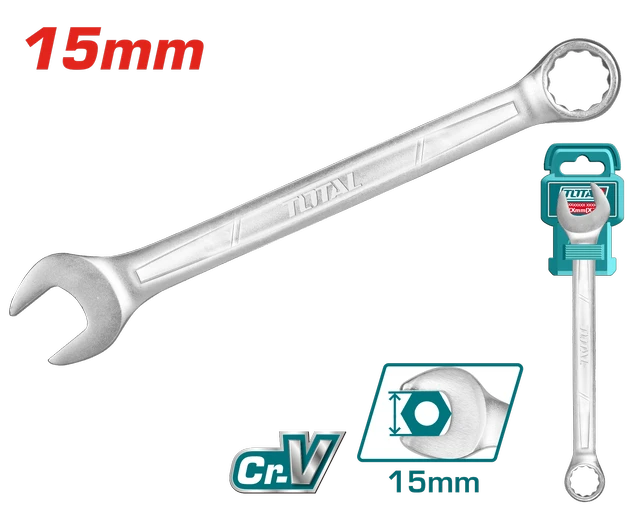 Total Tools TOTAL TOOLS Combination Spanner 15mm, 191mm Length, Cr-V Steel, Chrome Plated Matt Finish Wrench - TCSPA151