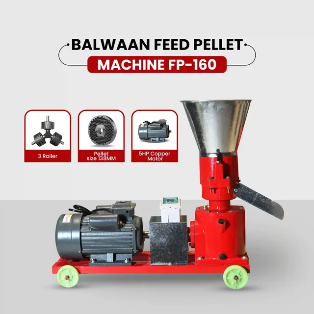 Balwaan Krishi Balwaan FP-160 Feed Pellet Machine With 5 HP Motor | 2800 Rpm Motor Operated Animal Feed Pellet Making Machine | Copper Winding Motor For Efficient Cattle, Poultry & Livestock Feed Pellet Production | Dairy & Agricultural Feed Pelletizer | Mtak-El-Po-6943