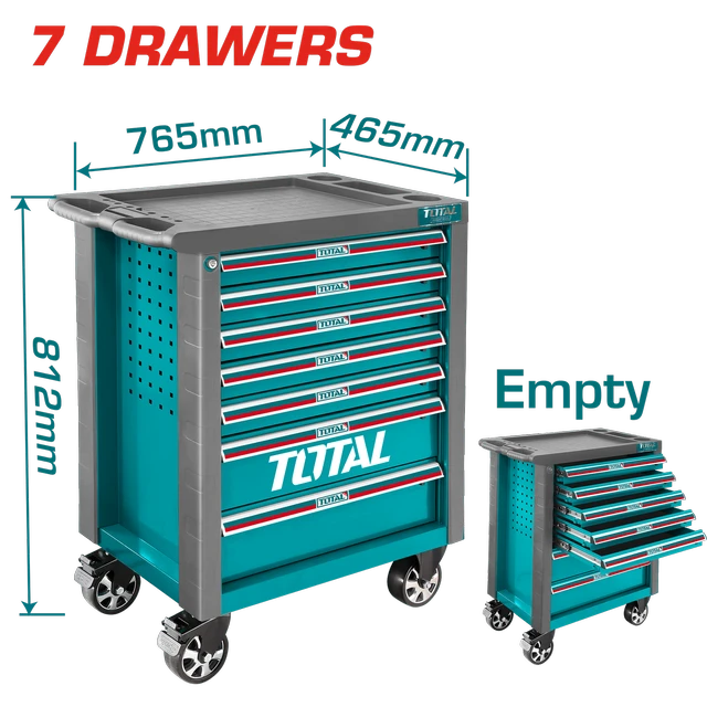 Total Tools TOTAL TOOLS 7-Drawer Roller Cabinet (765x465x976mm with 5"x2" Casters, Central Locking System, Anti-Shock Protection, Ball Bearing Drawers, 0.8-1.0mm Cabinet Thickness, Includes 5 Iron Hooks) with Pallet Packaging - THRC01071