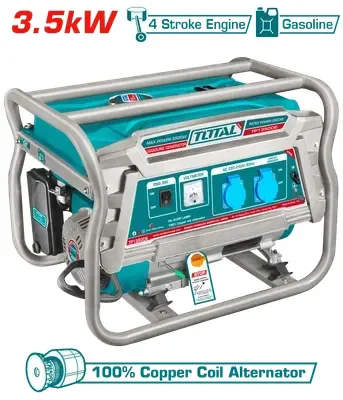 P TOTAL TOOLS TP135006 Gasoline Generator 3.5kW Maximum Output, 2.8kW Rated Output, 208cc 4-Stroke OHV Engine, 15L Fuel Tank, Copper Coil Alternator, 220�240V, 50Hz, Recoil Start Portable Petrol Generator