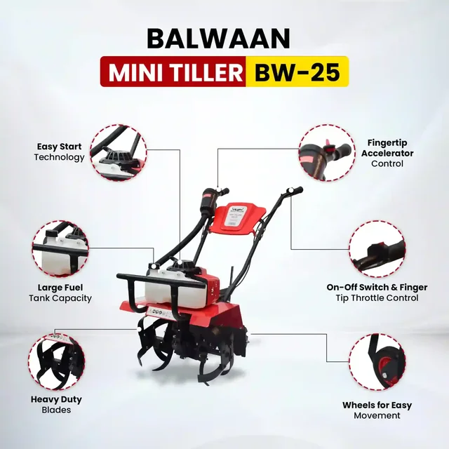 Balwaan Krishi Balwaan BW-25 Mini Tiller 63cc 2-Stroke Petrol Power Weeder | Garden Cultivator with 16 Blades & Tool Kit| MTAK-EN-PO-980
