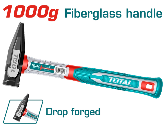 Total Tools TOTAL TOOLS 1000g Machinist Hammer with Heat-Treated Drop-Forged 45# Carbon Steel Head and Three-Color Fiberglass Handle - THMH621000