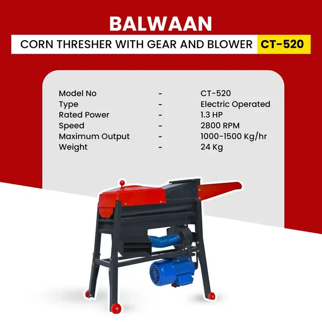 Balwaan Krishi Balwaan CT-520 Corn Thresher With Gear, Blower & 1.3 HP Motor | 2800 Rpm Motor Operated Maize & Corn Threshing Machine | Gear-Driven Agricultural Thresher With Blower For Efficient Corn Threshing & Grain Separation | With User Manual | Mtak-El-Co-6013