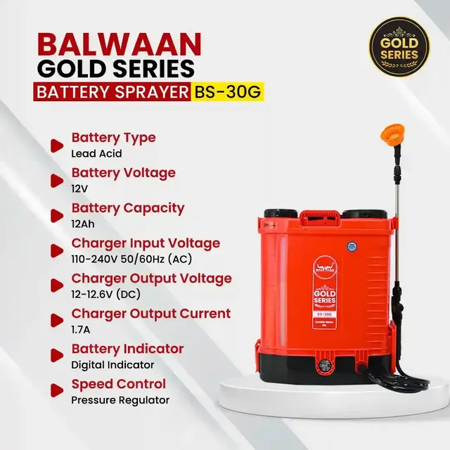 Balwaan Krishi Balwaan BS-30G Gold Series Battery Sprayer with 12x12 Heavy Battery, 4 Nozzles, Extendable Lance, Gun, 3-Way Lance, LED Bulb, Digital Voltmeter & User Manual - MTAK-BA-SP-5488