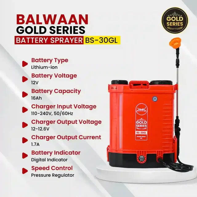 Balwaan Krishi Balwaan BS-30GL Gold Series Lithium Ion Battery Sprayer 12x12 Heavy Battery with 4 Nozzles, Extendable Lance, Spray Gun, 3-Way Lance, LED Bulb & Digital Voltmeter - MTAK-BA-SP-5590