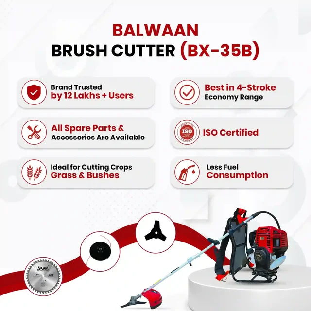 Balwaan Krishi Balwaan BX-35B Backpack Brush Cutter 35cc 4 Stroke Petrol Engine with 3T & 40T Blades, Trimmer Head, Nylon Rope Bundle, Baffle Guard & Tool Kit - MTAK-EN-BR-697