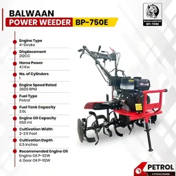 Balwaan Krishi Balwaan BP-750E Black Cheetah 7HP 4-Stroke Petrol Power Weeder & Tiller | Self-Start (SENST Battery), Mat Shocker & 32 Blades | MTAK-EN-PO-6005
